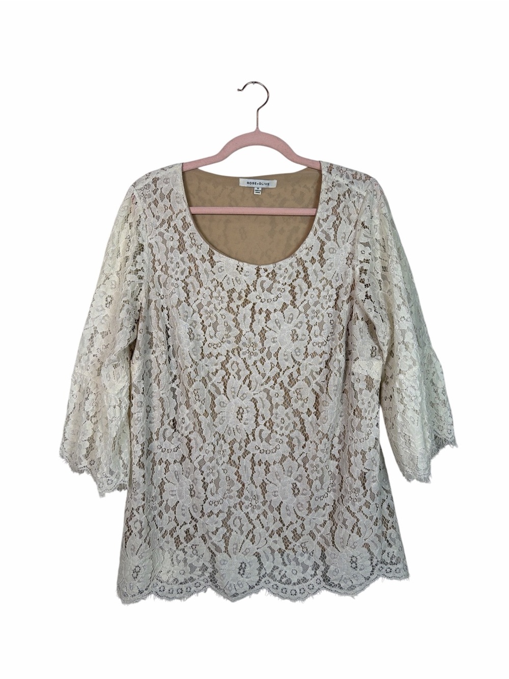 Rose + Olive 1X Ivory Floral Lace Blouse Bell Sleeve Boho Romantic Top